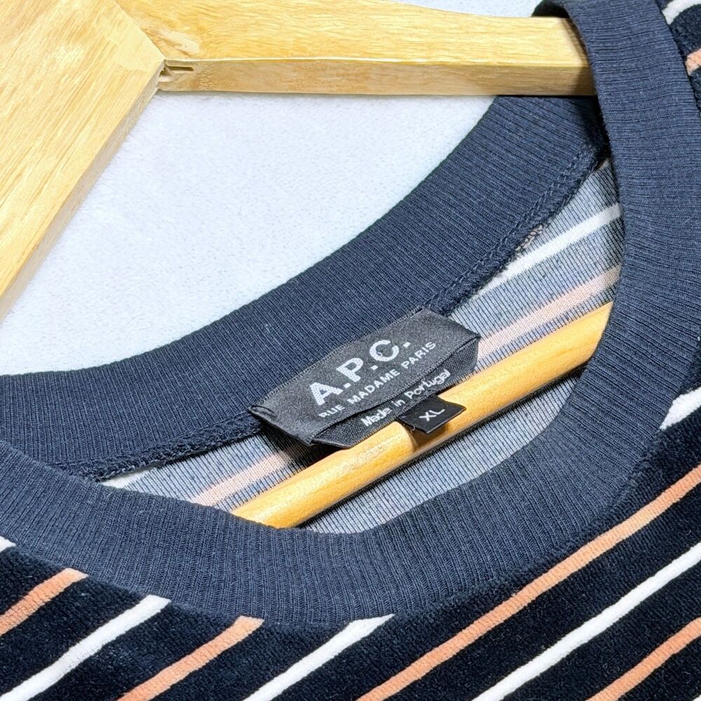 A.P.C Sweatshirt Mens XL Navy Velour Striped Crewneck Velvet Rue Madame Paris